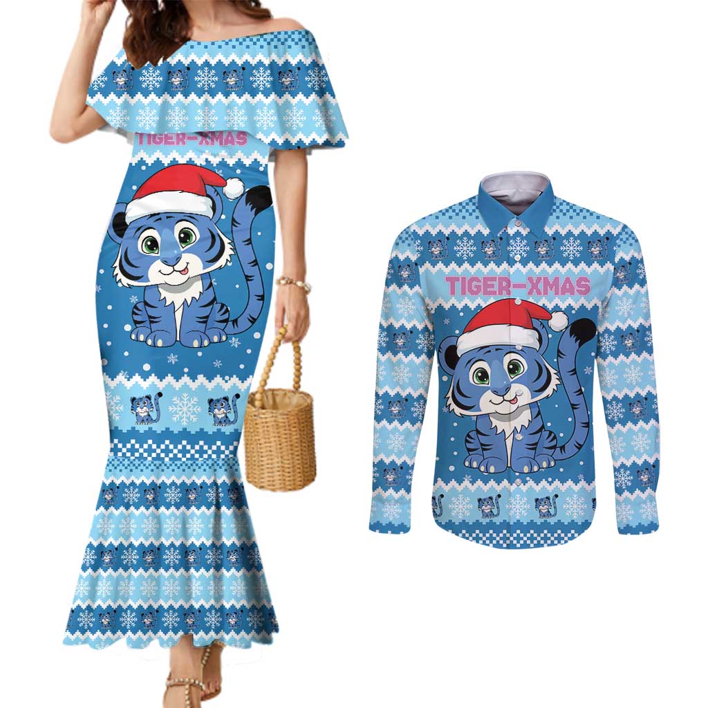 Personalized Blue Tiger Christmas Couples Matching Mermaid Dress and Long Sleeve Button Shirt Kawaii Derpy Tiger Santa Mode - Wonder Print Shop