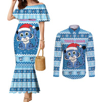 Personalized Blue Tiger Christmas Couples Matching Mermaid Dress and Long Sleeve Button Shirt Kawaii Derpy Tiger Santa Mode - Wonder Print Shop