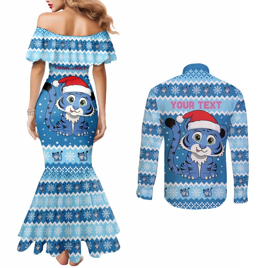 Personalized Blue Tiger Christmas Couples Matching Mermaid Dress and Long Sleeve Button Shirt Kawaii Derpy Tiger Santa Mode - Wonder Print Shop