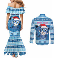Personalized Blue Tiger Christmas Couples Matching Mermaid Dress and Long Sleeve Button Shirt Kawaii Derpy Tiger Santa Mode - Wonder Print Shop