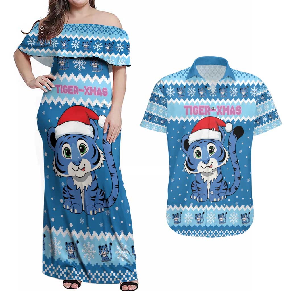 Personalized Blue Tiger Christmas Couples Matching Off Shoulder Maxi Dress and Hawaiian Shirt Kawaii Derpy Tiger Santa Mode - Wonder Print Shop