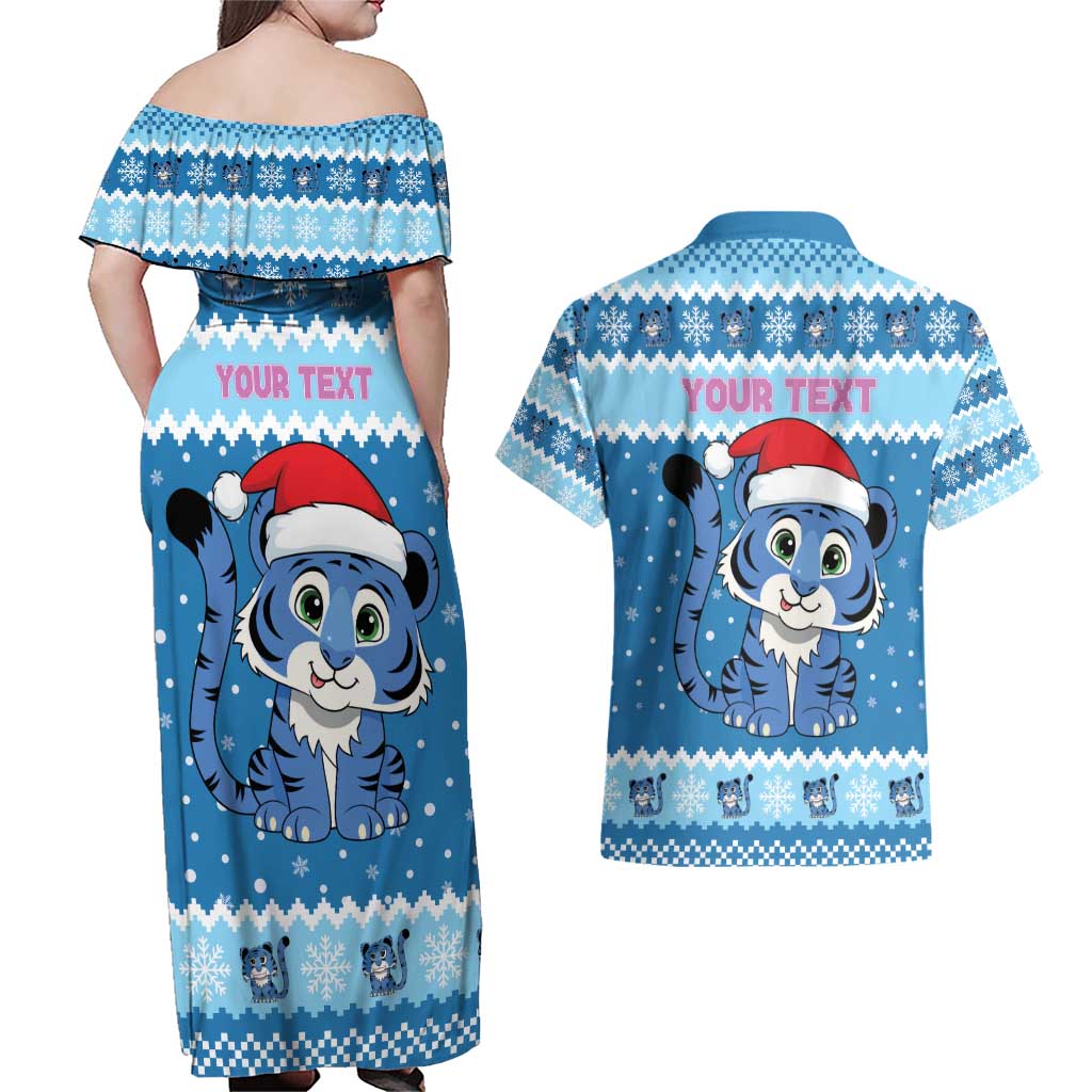 Personalized Blue Tiger Christmas Couples Matching Off Shoulder Maxi Dress and Hawaiian Shirt Kawaii Derpy Tiger Santa Mode - Wonder Print Shop