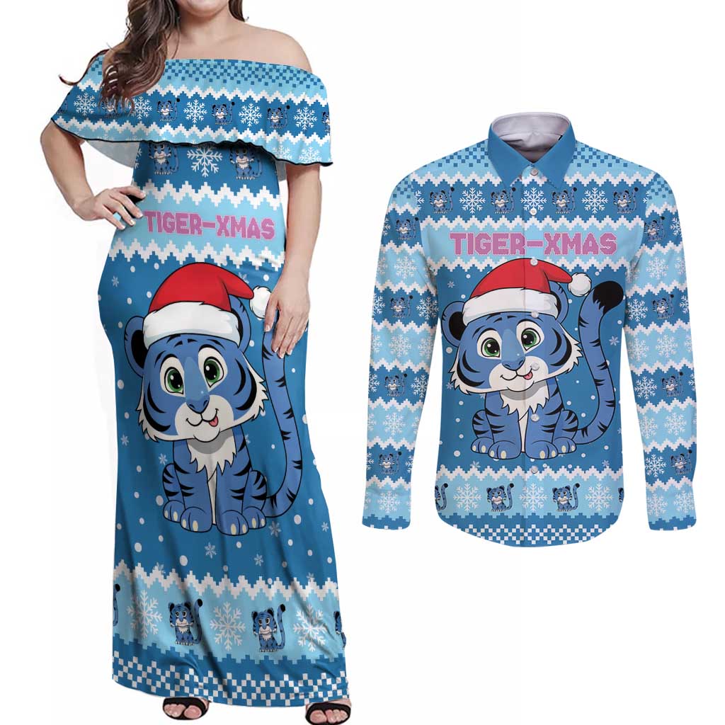 Personalized Blue Tiger Christmas Couples Matching Off Shoulder Maxi Dress and Long Sleeve Button Shirt Kawaii Derpy Tiger Santa Mode - Wonder Print Shop
