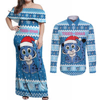 Personalized Blue Tiger Christmas Couples Matching Off Shoulder Maxi Dress and Long Sleeve Button Shirt Kawaii Derpy Tiger Santa Mode - Wonder Print Shop