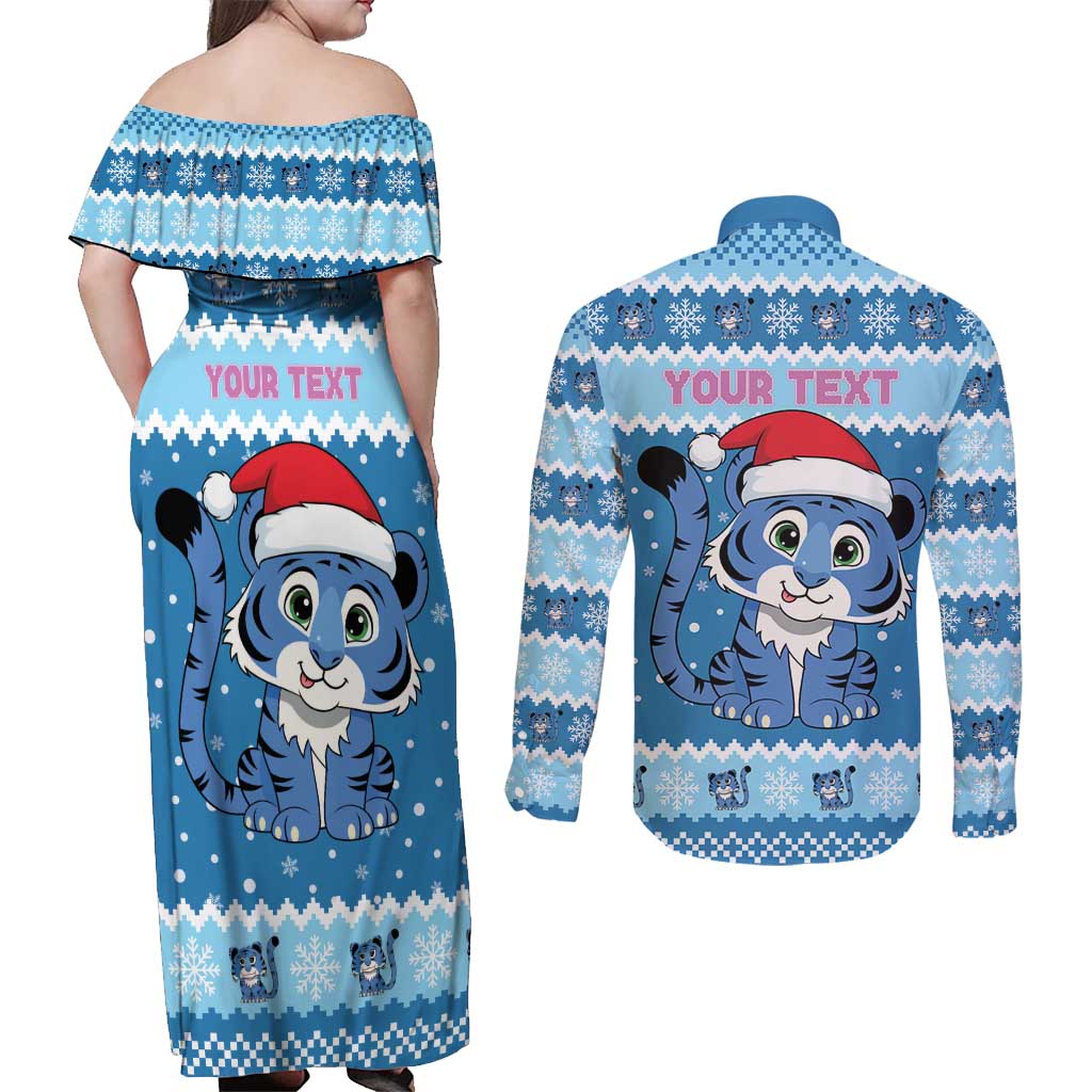 Personalized Blue Tiger Christmas Couples Matching Off Shoulder Maxi Dress and Long Sleeve Button Shirt Kawaii Derpy Tiger Santa Mode - Wonder Print Shop
