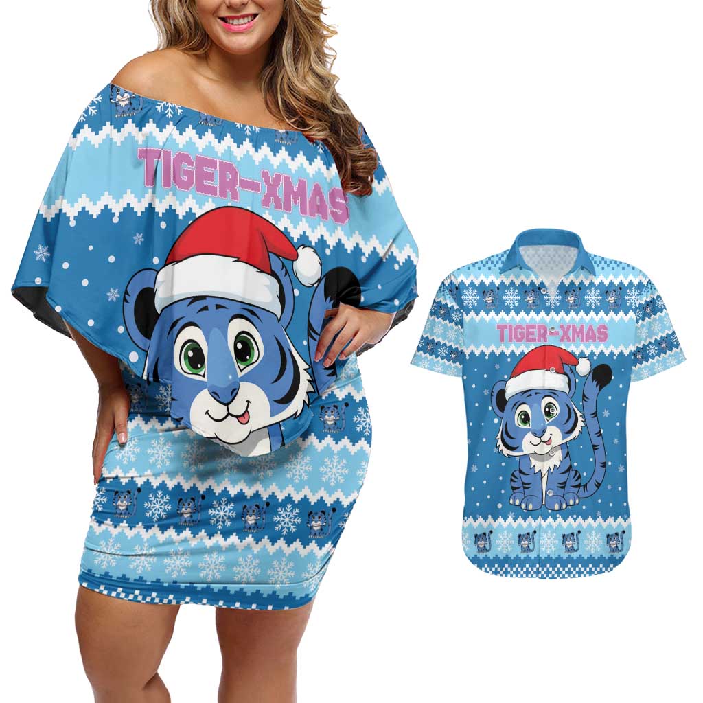 Personalized Blue Tiger Christmas Couples Matching Off Shoulder Short Dress and Hawaiian Shirt Kawaii Derpy Tiger Santa Mode - Wonder Print Shop