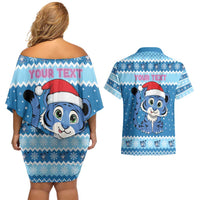 Personalized Blue Tiger Christmas Couples Matching Off Shoulder Short Dress and Hawaiian Shirt Kawaii Derpy Tiger Santa Mode - Wonder Print Shop