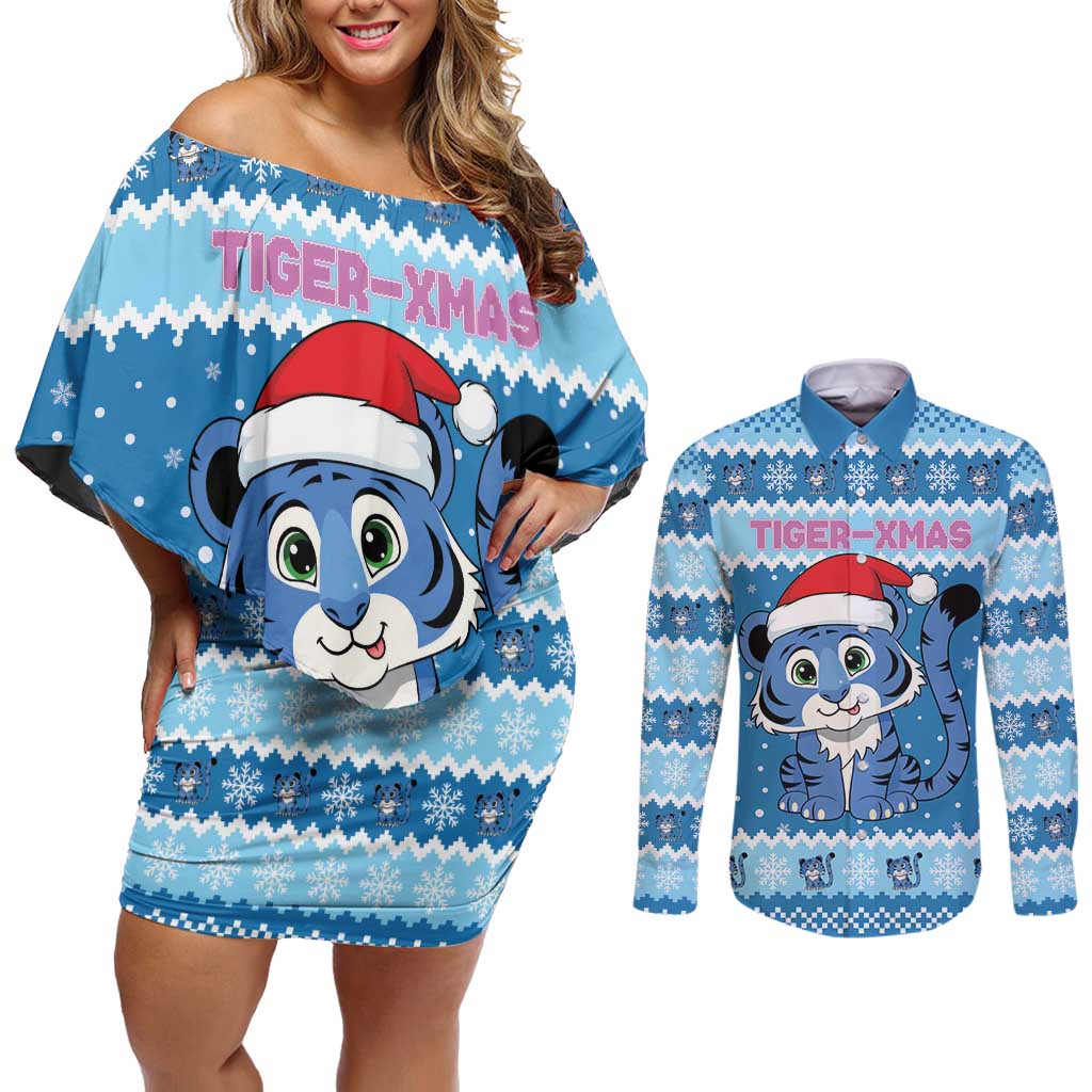 Personalized Blue Tiger Christmas Couples Matching Off Shoulder Short Dress and Long Sleeve Button Shirt Kawaii Derpy Tiger Santa Mode - Wonder Print Shop
