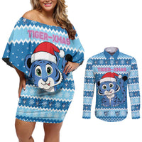 Personalized Blue Tiger Christmas Couples Matching Off Shoulder Short Dress and Long Sleeve Button Shirt Kawaii Derpy Tiger Santa Mode - Wonder Print Shop