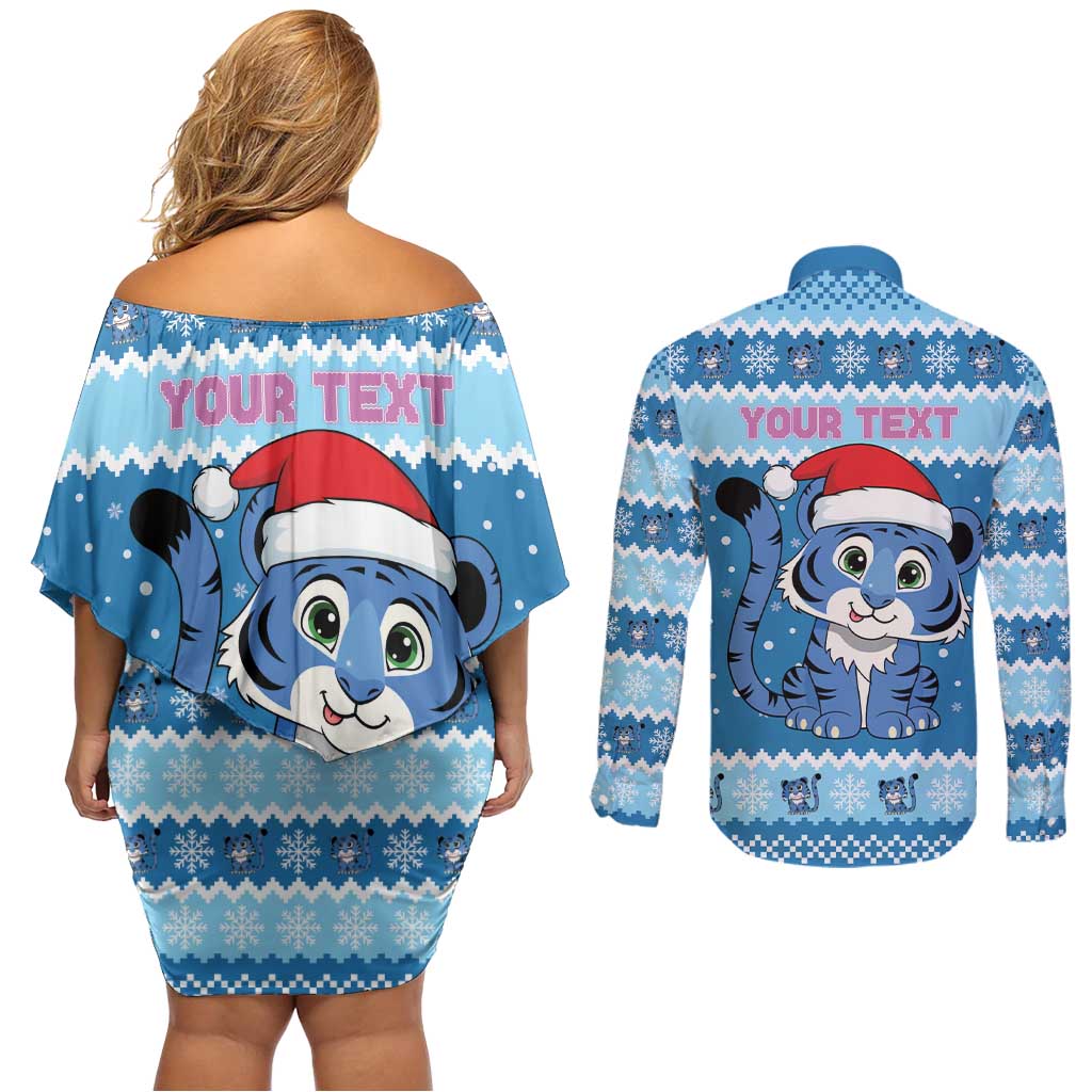 Personalized Blue Tiger Christmas Couples Matching Off Shoulder Short Dress and Long Sleeve Button Shirt Kawaii Derpy Tiger Santa Mode - Wonder Print Shop