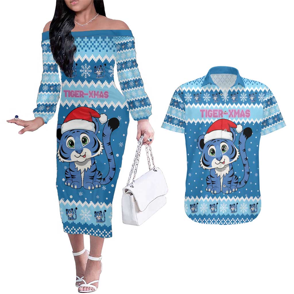 Personalized Blue Tiger Christmas Couples Matching Off The Shoulder Long Sleeve Dress and Hawaiian Shirt Kawaii Derpy Tiger Santa Mode - Wonder Print Shop