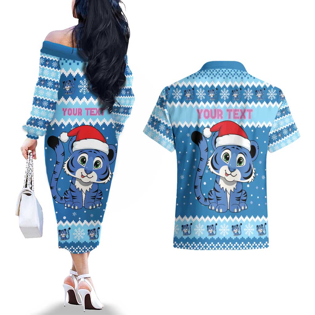 Personalized Blue Tiger Christmas Couples Matching Off The Shoulder Long Sleeve Dress and Hawaiian Shirt Kawaii Derpy Tiger Santa Mode - Wonder Print Shop