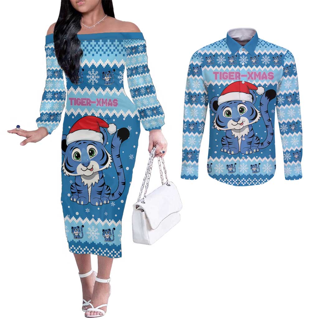 Personalized Blue Tiger Christmas Couples Matching Off The Shoulder Long Sleeve Dress and Long Sleeve Button Shirt Kawaii Derpy Tiger Santa Mode - Wonder Print Shop