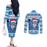 Personalized Blue Tiger Christmas Couples Matching Off The Shoulder Long Sleeve Dress and Long Sleeve Button Shirt Kawaii Derpy Tiger Santa Mode - Wonder Print Shop