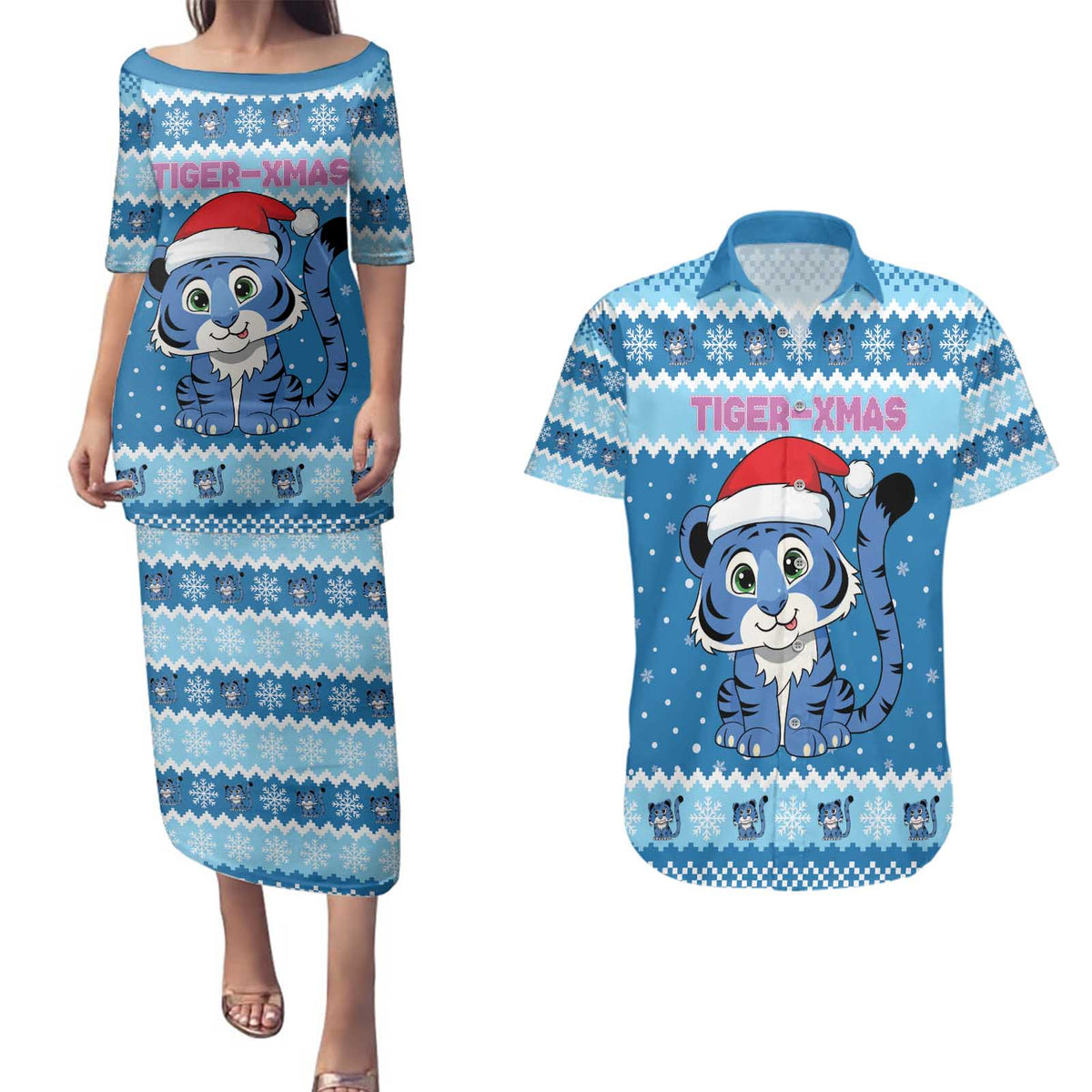 Personalized Blue Tiger Christmas Couples Matching Puletasi and Hawaiian Shirt Kawaii Derpy Tiger Santa Mode - Wonder Print Shop