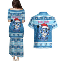 Personalized Blue Tiger Christmas Couples Matching Puletasi and Hawaiian Shirt Kawaii Derpy Tiger Santa Mode - Wonder Print Shop
