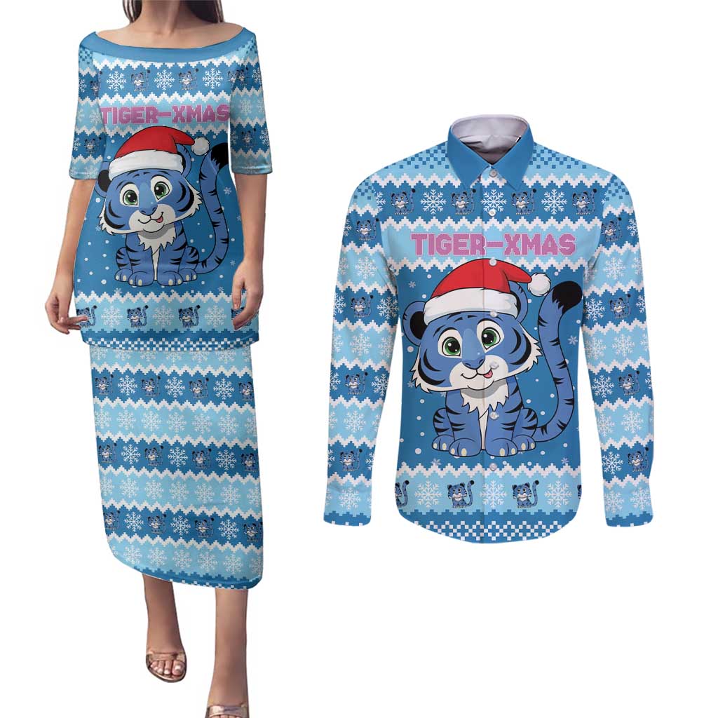 Personalized Blue Tiger Christmas Couples Matching Puletasi and Long Sleeve Button Shirt Kawaii Derpy Tiger Santa Mode - Wonder Print Shop