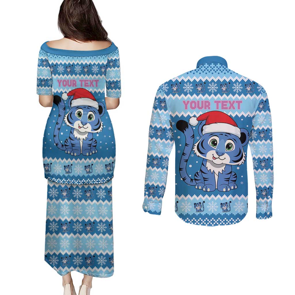 Personalized Blue Tiger Christmas Couples Matching Puletasi and Long Sleeve Button Shirt Kawaii Derpy Tiger Santa Mode - Wonder Print Shop