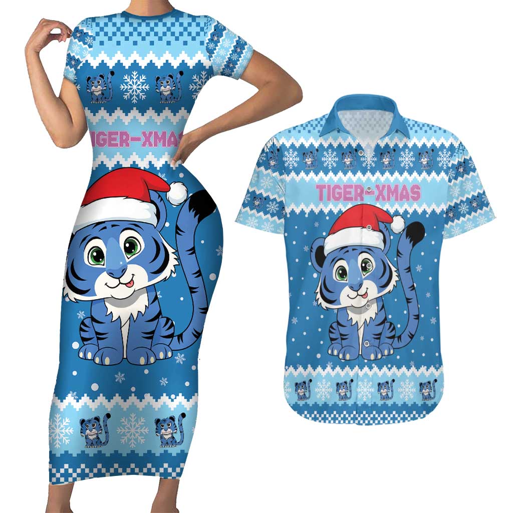 Personalized Blue Tiger Christmas Couples Matching Short Sleeve Bodycon Dress and Hawaiian Shirt Kawaii Derpy Tiger Santa Mode - Wonder Print Shop