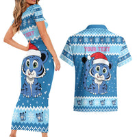 Personalized Blue Tiger Christmas Couples Matching Short Sleeve Bodycon Dress and Hawaiian Shirt Kawaii Derpy Tiger Santa Mode - Wonder Print Shop