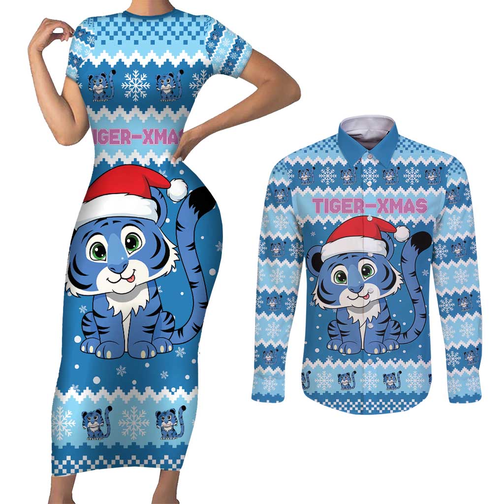 Personalized Blue Tiger Christmas Couples Matching Short Sleeve Bodycon Dress and Long Sleeve Button Shirt Kawaii Derpy Tiger Santa Mode - Wonder Print Shop