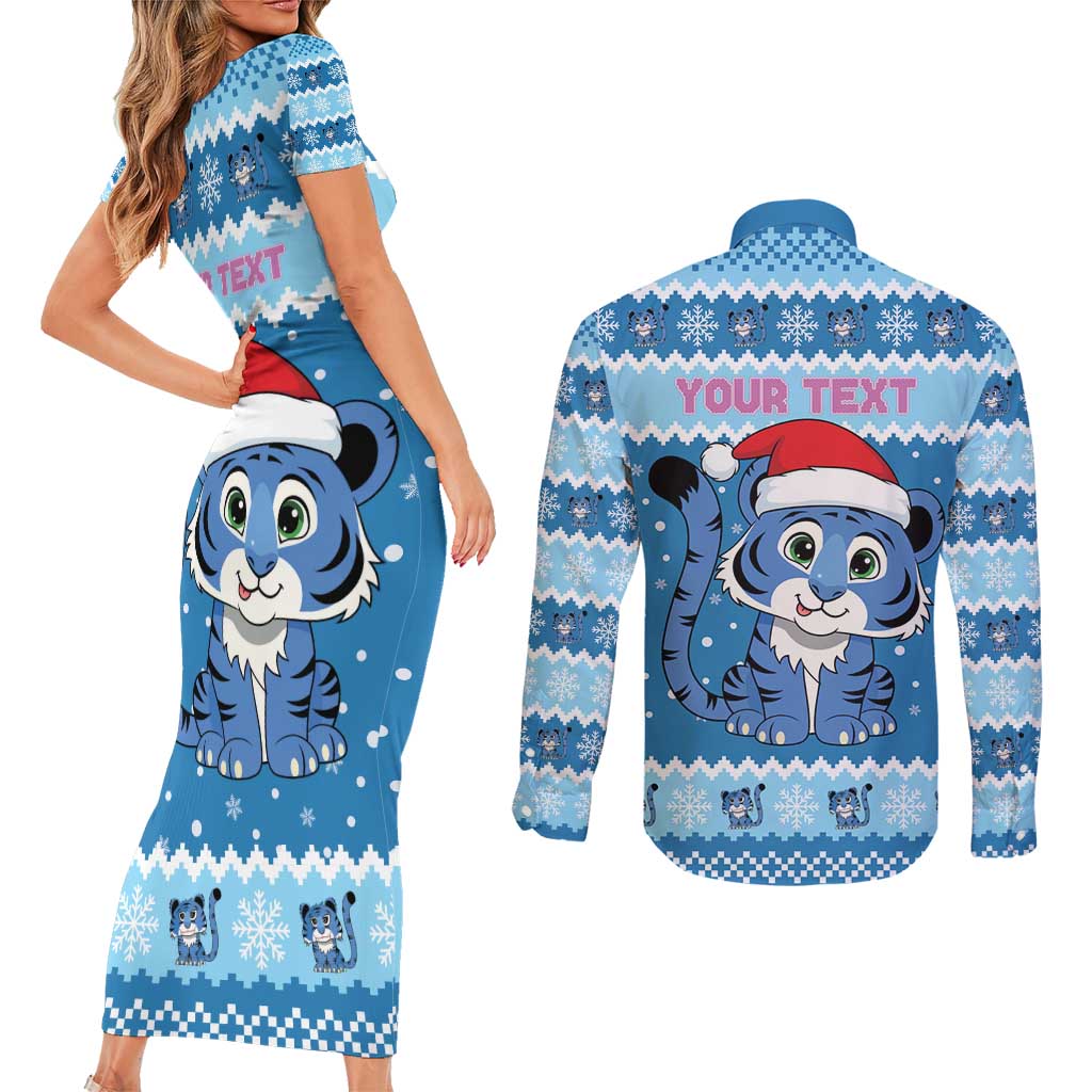 Personalized Blue Tiger Christmas Couples Matching Short Sleeve Bodycon Dress and Long Sleeve Button Shirt Kawaii Derpy Tiger Santa Mode - Wonder Print Shop