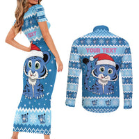 Personalized Blue Tiger Christmas Couples Matching Short Sleeve Bodycon Dress and Long Sleeve Button Shirt Kawaii Derpy Tiger Santa Mode - Wonder Print Shop