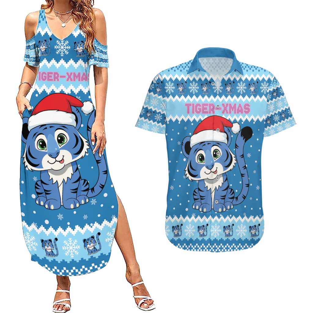 Personalized Blue Tiger Christmas Couples Matching Summer Maxi Dress and Hawaiian Shirt Kawaii Derpy Tiger Santa Mode - Wonder Print Shop