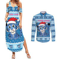 Personalized Blue Tiger Christmas Couples Matching Summer Maxi Dress and Long Sleeve Button Shirt Kawaii Derpy Tiger Santa Mode - Wonder Print Shop