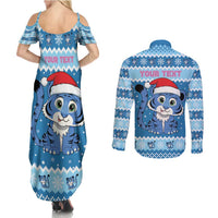 Personalized Blue Tiger Christmas Couples Matching Summer Maxi Dress and Long Sleeve Button Shirt Kawaii Derpy Tiger Santa Mode - Wonder Print Shop