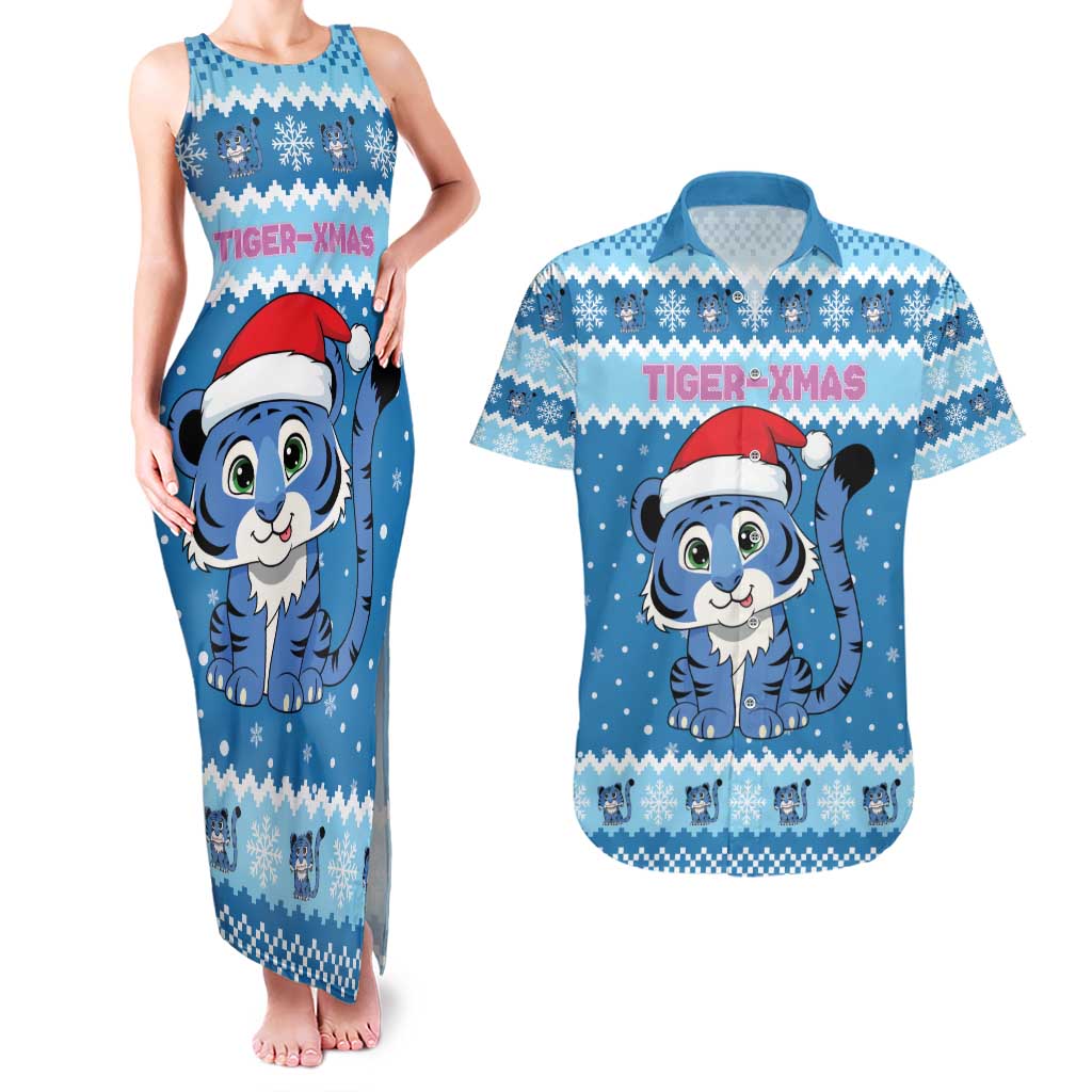 Personalized Blue Tiger Christmas Couples Matching Tank Maxi Dress and Hawaiian Shirt Kawaii Derpy Tiger Santa Mode - Wonder Print Shop