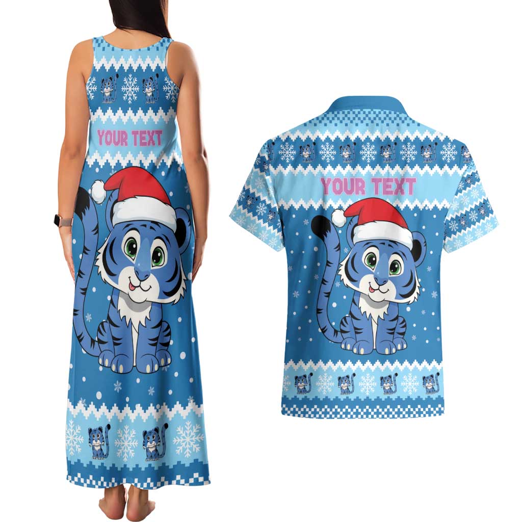Personalized Blue Tiger Christmas Couples Matching Tank Maxi Dress and Hawaiian Shirt Kawaii Derpy Tiger Santa Mode - Wonder Print Shop