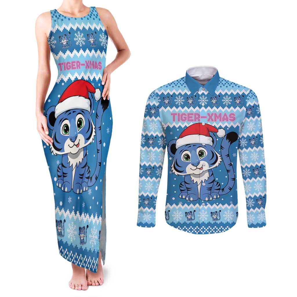 Personalized Blue Tiger Christmas Couples Matching Tank Maxi Dress and Long Sleeve Button Shirt Kawaii Derpy Tiger Santa Mode - Wonder Print Shop