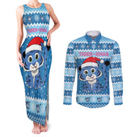 Personalized Blue Tiger Christmas Couples Matching Tank Maxi Dress and Long Sleeve Button Shirt Kawaii Derpy Tiger Santa Mode - Wonder Print Shop