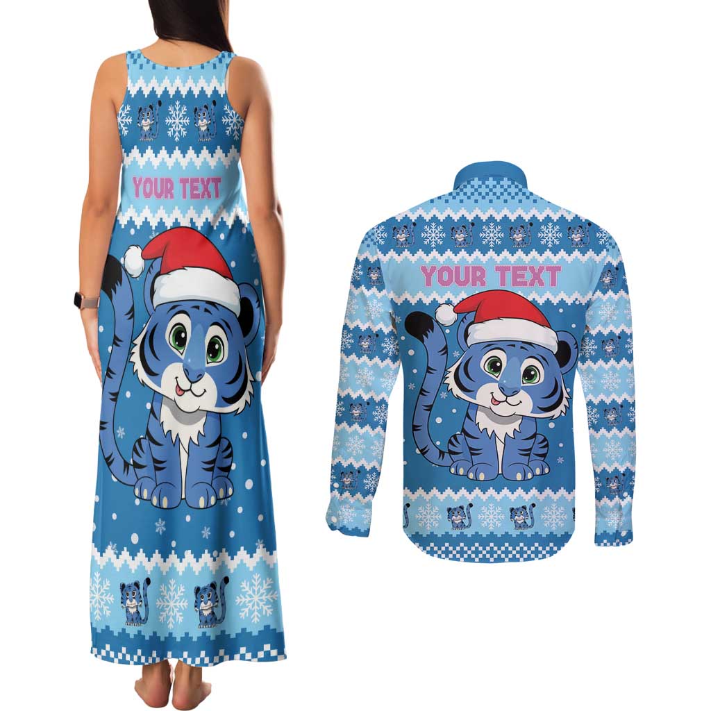 Personalized Blue Tiger Christmas Couples Matching Tank Maxi Dress and Long Sleeve Button Shirt Kawaii Derpy Tiger Santa Mode - Wonder Print Shop