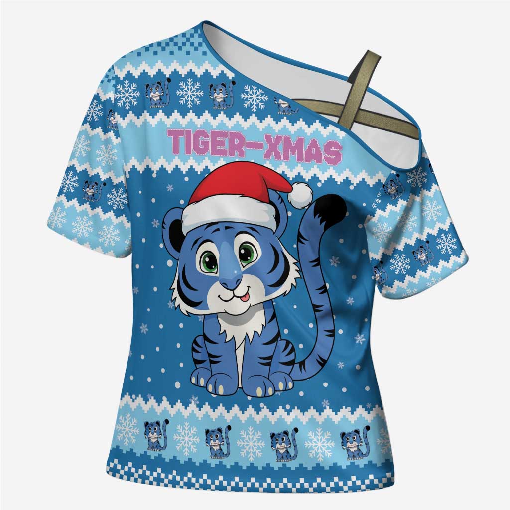 Personalized Blue Tiger Christmas Cross Shoulder Shirt Kawaii Derpy Tiger Santa Mode - Wonder Print Shop