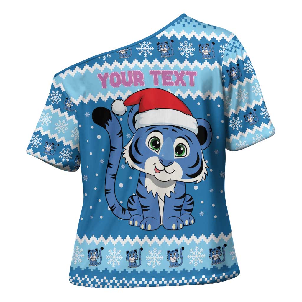 Personalized Blue Tiger Christmas Cross Shoulder Shirt Kawaii Derpy Tiger Santa Mode - Wonder Print Shop