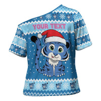 Personalized Blue Tiger Christmas Cross Shoulder Shirt Kawaii Derpy Tiger Santa Mode - Wonder Print Shop