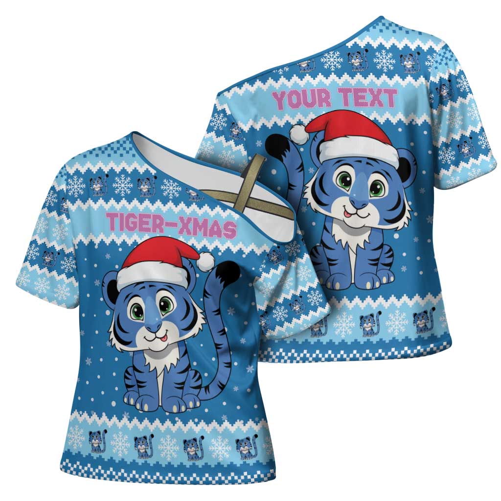 Personalized Blue Tiger Christmas Cross Shoulder Shirt Kawaii Derpy Tiger Santa Mode - Wonder Print Shop