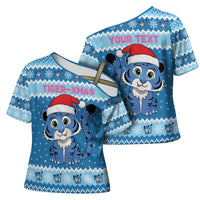 Personalized Blue Tiger Christmas Cross Shoulder Shirt Kawaii Derpy Tiger Santa Mode - Wonder Print Shop