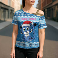 Personalized Blue Tiger Christmas Cross Shoulder Shirt Kawaii Derpy Tiger Santa Mode - Wonder Print Shop