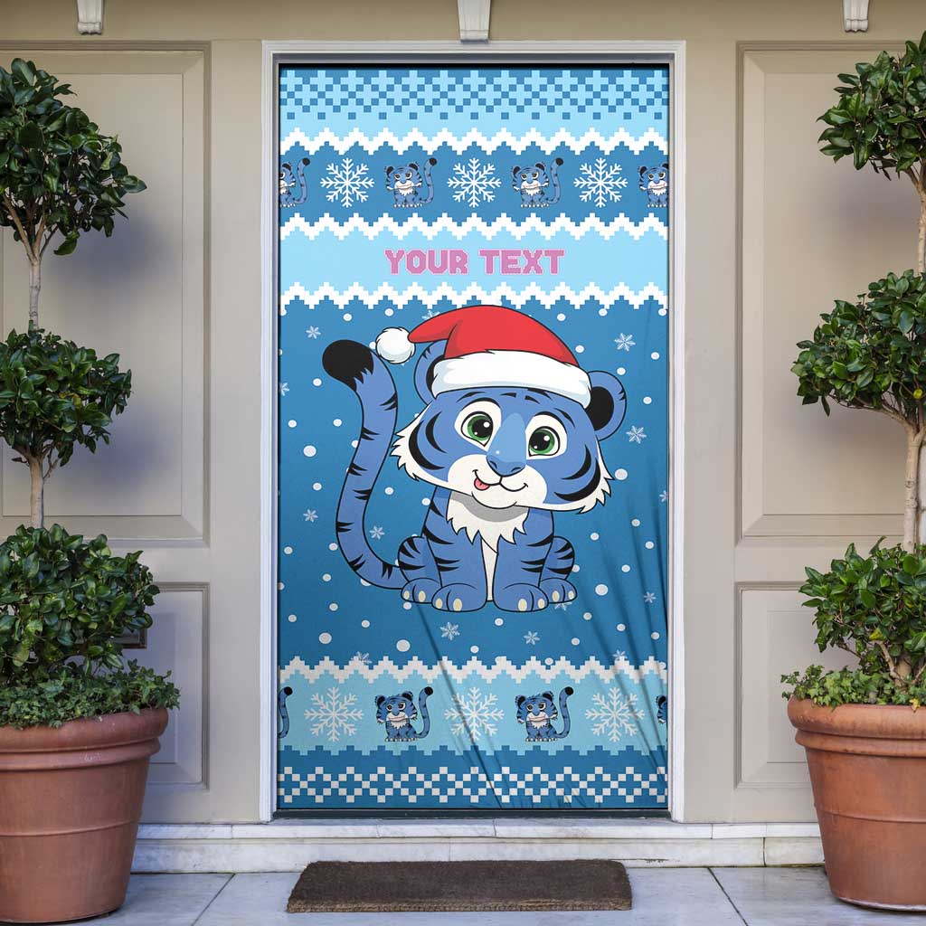 Personalized Blue Tiger Christmas Door Cover Kawaii Derpy Tiger Santa Mode - Wonder Print Shop