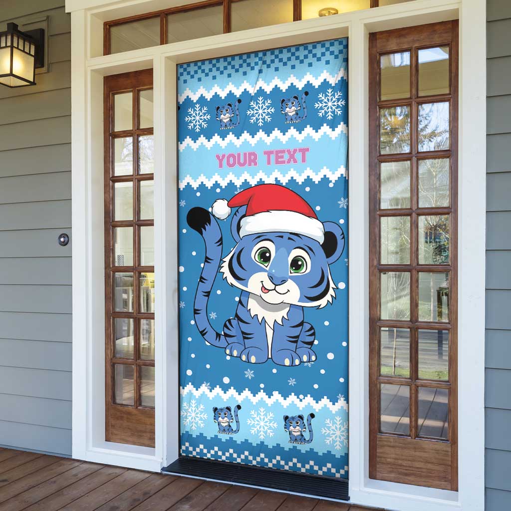 Personalized Blue Tiger Christmas Door Cover Kawaii Derpy Tiger Santa Mode - Wonder Print Shop