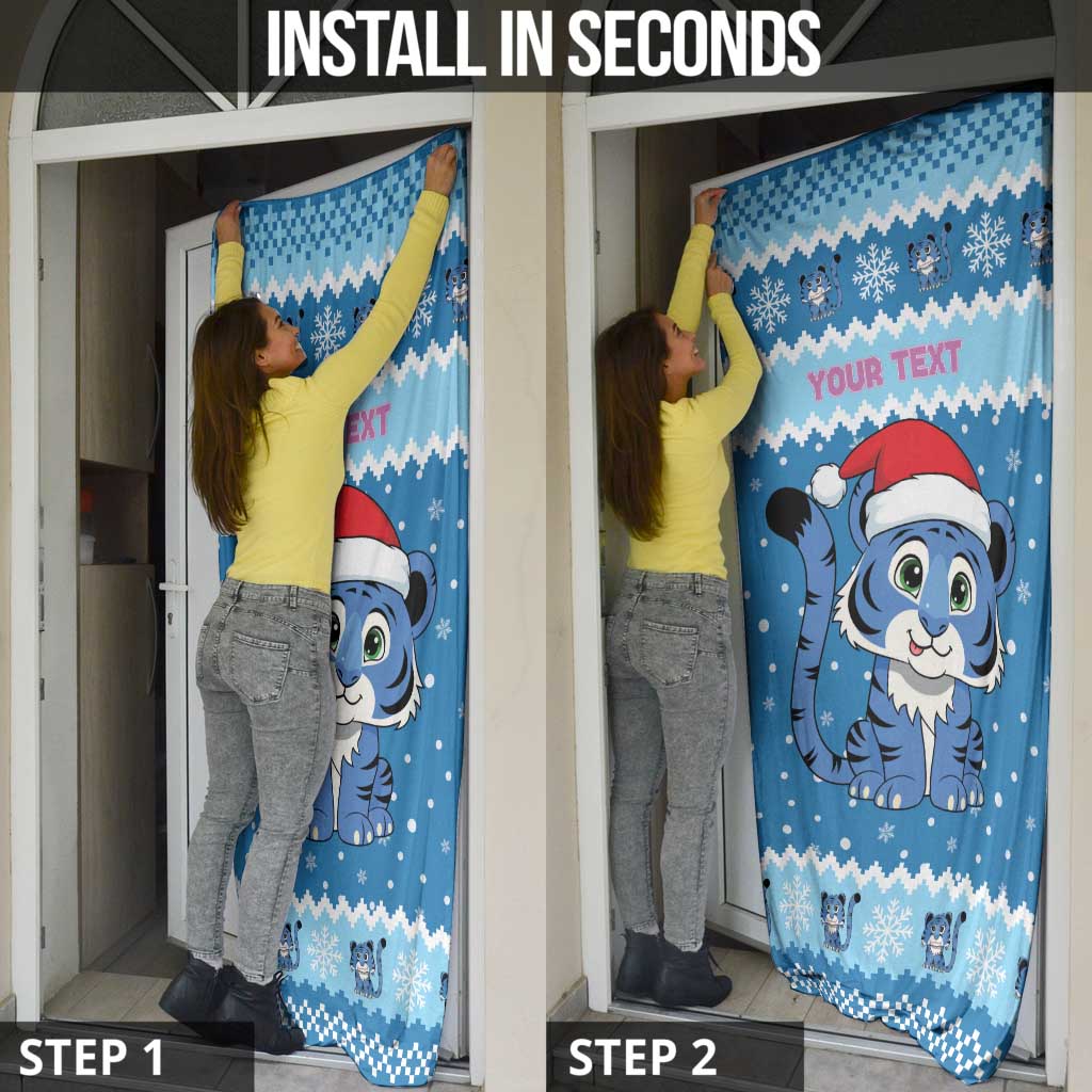 Personalized Blue Tiger Christmas Door Cover Kawaii Derpy Tiger Santa Mode - Wonder Print Shop