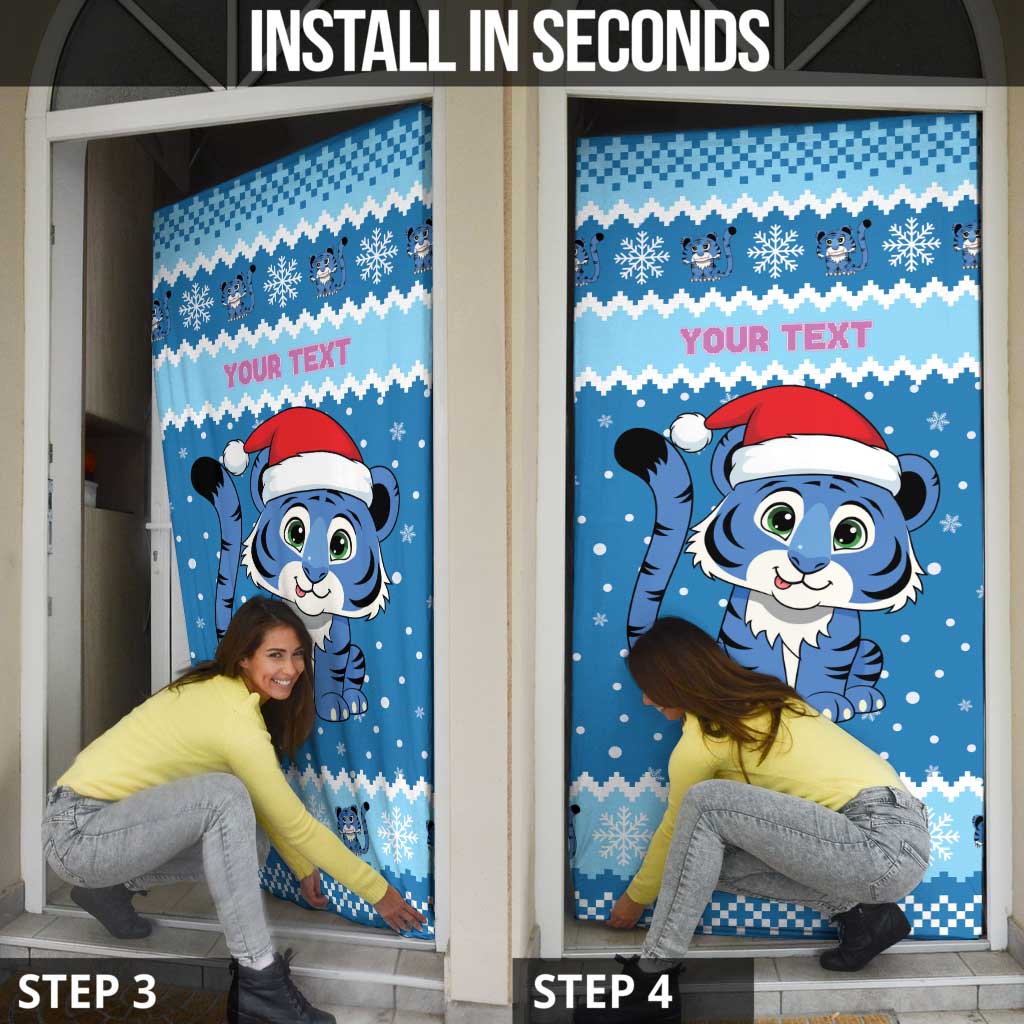Personalized Blue Tiger Christmas Door Cover Kawaii Derpy Tiger Santa Mode - Wonder Print Shop