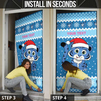 Personalized Blue Tiger Christmas Door Cover Kawaii Derpy Tiger Santa Mode - Wonder Print Shop