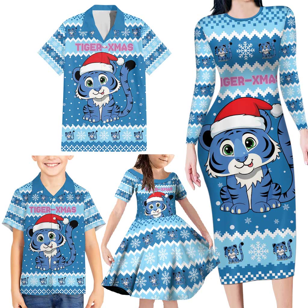 Personalized Blue Tiger Christmas Family Matching Long Sleeve Bodycon Dress and Hawaiian Shirt Kawaii Derpy Tiger Santa Mode - Wonder Print Shop