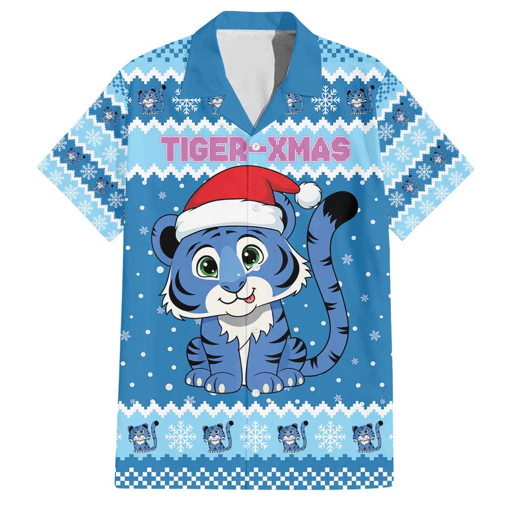 Personalized Blue Tiger Christmas Family Matching Long Sleeve Bodycon Dress and Hawaiian Shirt Kawaii Derpy Tiger Santa Mode - Wonder Print Shop