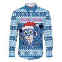 Personalized Blue Tiger Christmas Family Matching Long Sleeve Bodycon Dress and Hawaiian Shirt Kawaii Derpy Tiger Santa Mode - Wonder Print Shop