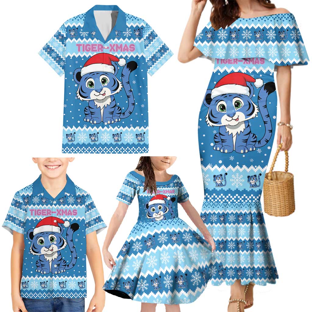 Personalized Blue Tiger Christmas Family Matching Mermaid Dress and Hawaiian Shirt Kawaii Derpy Tiger Santa Mode - Wonder Print Shop